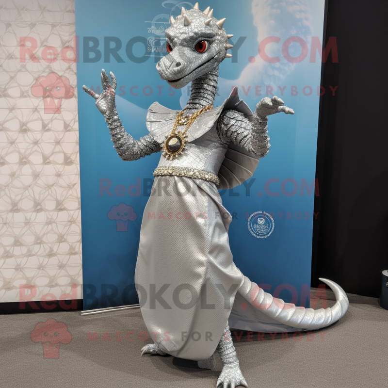 Silver Dragon mascot costume character dressed with a Midi Dress and Rings Silver Dragon mascot costume character dressed with a Midi Dress and Rings