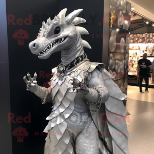 Silver Dragon mascot costume character dressed with a Midi Dress and Rings