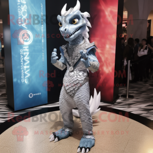Silver Dragon mascot costume character dressed with a Midi Dress and Rings