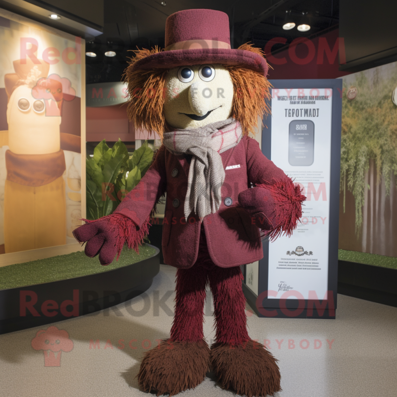 Maroon Scarecrow mascot costume character dressed with a Suit Pants and Scarves Maroon Scarecrow mascot costume character dressed with a Suit Pants and Scarves