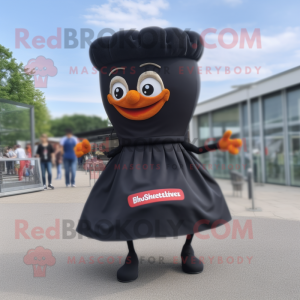 Black Currywurst mascot costume character dressed with a Pencil Skirt and Bracelets