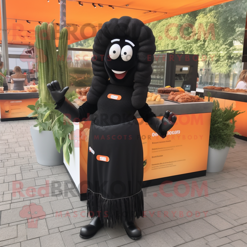 Black Currywurst mascot costume character dressed with a Pencil Skirt and Bracelets