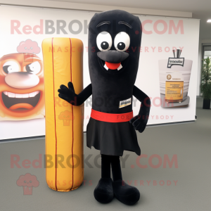 Black Currywurst mascot costume character dressed with a Pencil Skirt and Bracelets