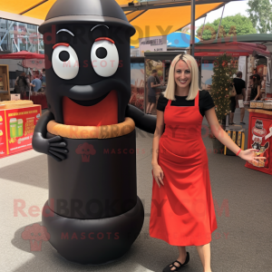 Black Currywurst mascot costume character dressed with a Pencil Skirt and Bracelets