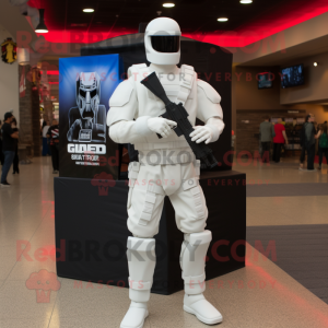 White Gi Joe mascot costume character dressed with a Evening Gown and Backpacks