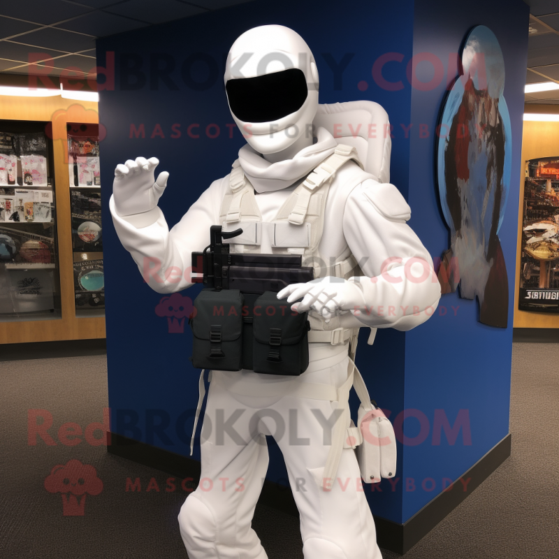 White Gi Joe mascot costume character dressed with a Evening Gown and Backpacks