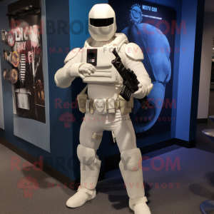 White Gi Joe mascot costume character dressed with a Evening Gown and Backpacks