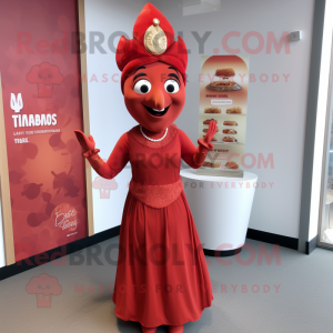 Red Tikka Masala mascot costume character dressed with a Empire Waist Dress and Earrings