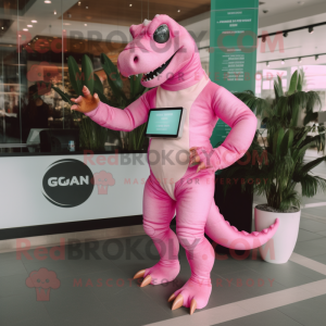 Pink Iguanodon mascot costume character dressed with a Swimwear and Digital watches
