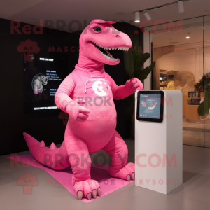 Pink Iguanodon mascot costume character dressed with a Swimwear and Digital watches