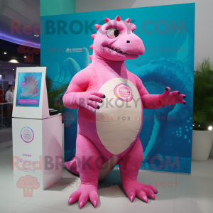 Pink Iguanodon mascot costume character dressed with a Swimwear and Digital watches