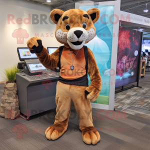 Rust Mountain Lion mascot costume character dressed with a Yoga Pants and Coin purses