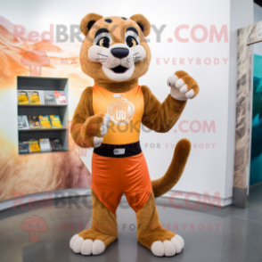 Rust Mountain Lion mascot costume character dressed with a Yoga Pants and Coin purses
