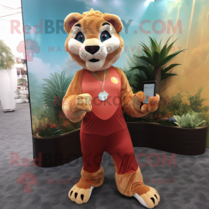 Rust Mountain Lion mascot costume character dressed with a Yoga Pants and Coin purses