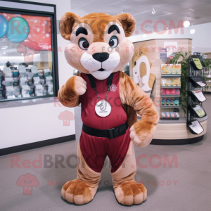 Rust Mountain Lion mascot costume character dressed with a Yoga Pants and Coin purses