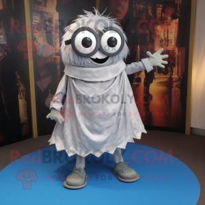 Silver Cyclops mascot costume character dressed with a Wrap Skirt and Belts