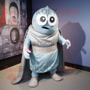 Silver Cyclops mascot costume character dressed with a Wrap Skirt and Belts