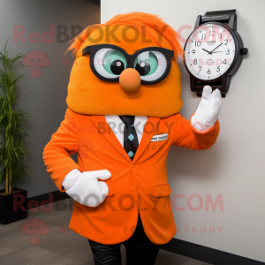 Orange Wrist Watch mascot costume character dressed with a Suit Jacket and Reading glasses
