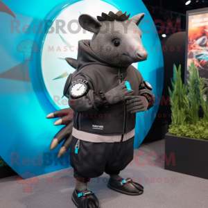 Black Armadillo mascot costume character dressed with a Parka and Smartwatches