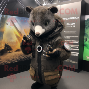 Black Armadillo mascot costume character dressed with a Parka and Smartwatches