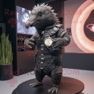 Black Armadillo mascot costume character dressed with a Parka and Smartwatches