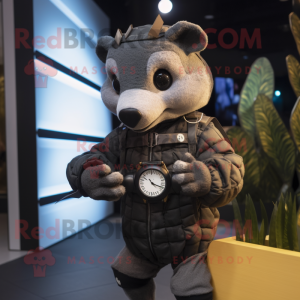 Black Armadillo mascot costume character dressed with a Parka and Smartwatches