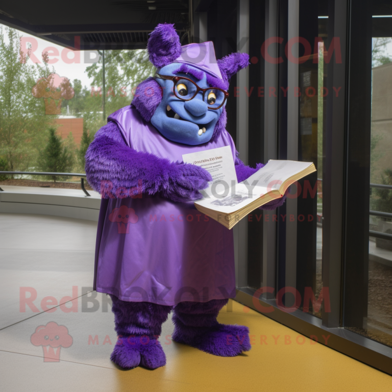 Purple Ogre mascot costume character dressed with a Raincoat and Reading glasses