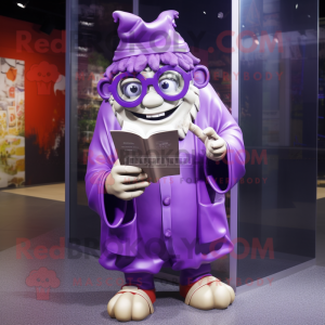 Purple Ogre mascot costume character dressed with a Raincoat and Reading glasses