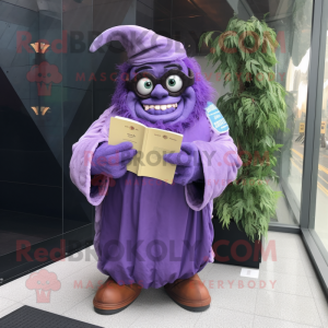 Purple Ogre mascot costume character dressed with a Raincoat and Reading glasses