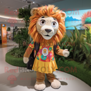 nan Lion mascot costume character dressed with a Maxi Skirt and Backpacks