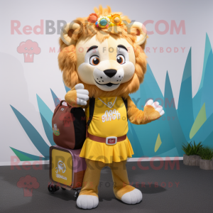 nan Lion mascot costume character dressed with a Maxi Skirt and Backpacks