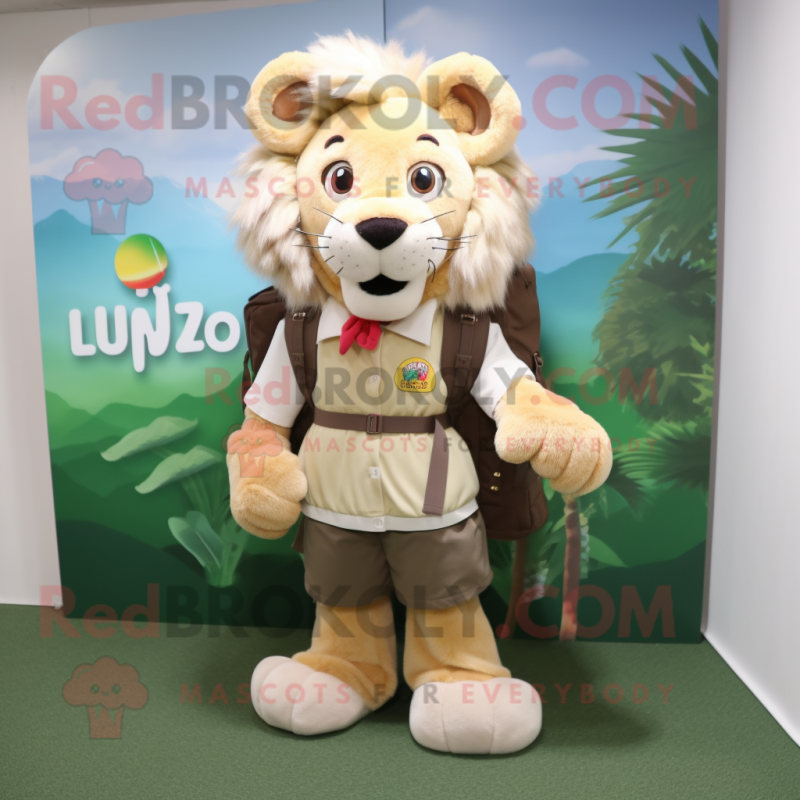 nan Lion mascot costume character dressed with a Maxi Skirt and Backpacks