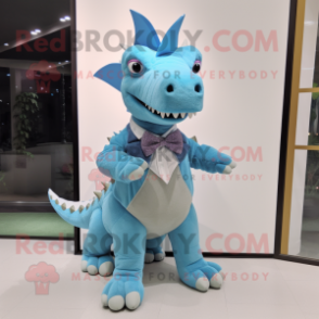 Sky Blue Stegosaurus mascot costume character dressed with a Sweater and Bow ties