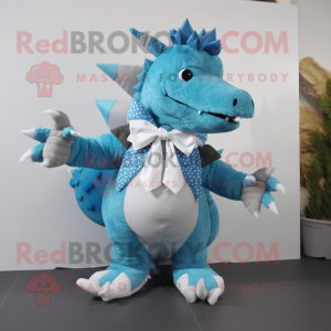 Sky Blue Stegosaurus mascot costume character dressed with a Sweater and Bow ties