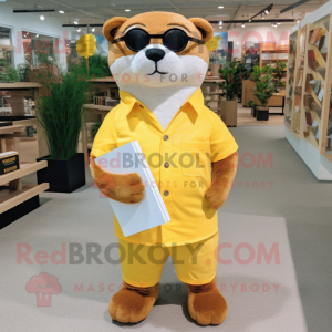 Yellow Otter mascot costume character dressed with a Poplin Shirt and Reading glasses