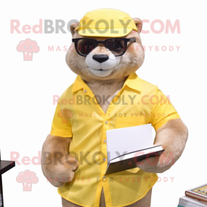 Yellow Otter mascot costume character dressed with a Poplin Shirt and Reading glasses