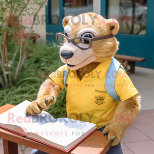 Yellow Otter mascot costume character dressed with a Poplin Shirt and Reading glasses