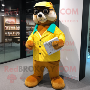 Yellow Otter mascot costume character dressed with a Poplin Shirt and Reading glasses