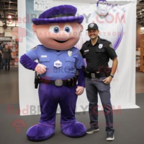 Purple Police Officer mascot costume character dressed with a Boyfriend Jeans and Wallets