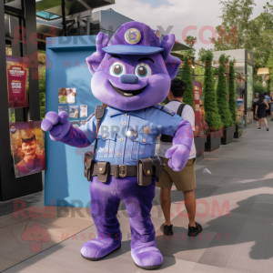 Purple Police Officer mascot costume character dressed with a Boyfriend Jeans and Wallets