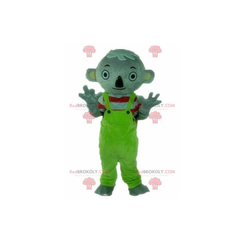 Gray koala mascot with green overalls - Redbrokoly.com
