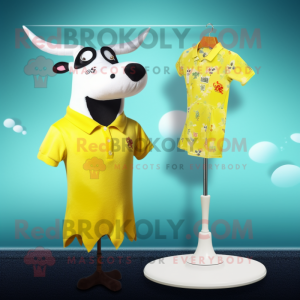 Lemon Yellow Jersey Cow mascot costume character dressed with a One-Piece Swimsuit and Lapel pins