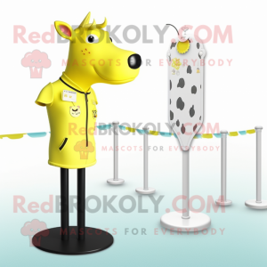 Lemon Yellow Jersey Cow mascot costume character dressed with a One-Piece Swimsuit and Lapel pins