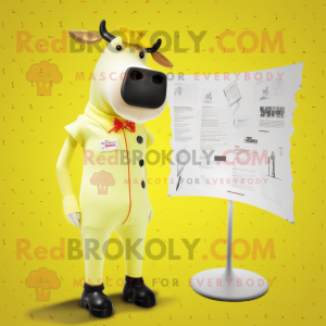 Lemon Yellow Jersey Cow mascot costume character dressed with a One-Piece Swimsuit and Lapel pins