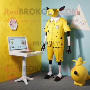 Lemon Yellow Jersey Cow mascot costume character dressed with a One-Piece Swimsuit and Lapel pins