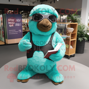 Turquoise Giant Sloth mascot costume character dressed with a Turtleneck and Reading glasses