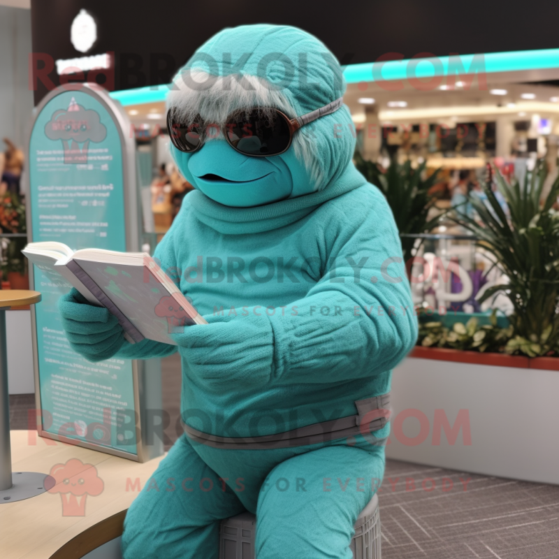 Turquoise Giant Sloth mascot costume character dressed with a Turtleneck and Reading glasses