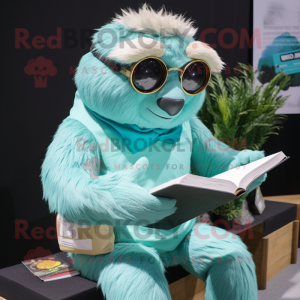 Turquoise Giant Sloth mascot costume character dressed with a Turtleneck and Reading glasses