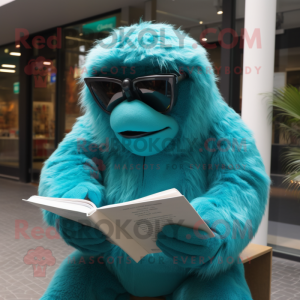 Turquoise Giant Sloth mascot costume character dressed with a Turtleneck and Reading glasses