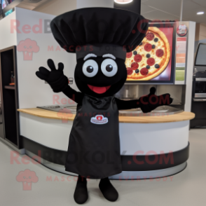 Black Pizza mascot costume character dressed with a Skirt and Gloves